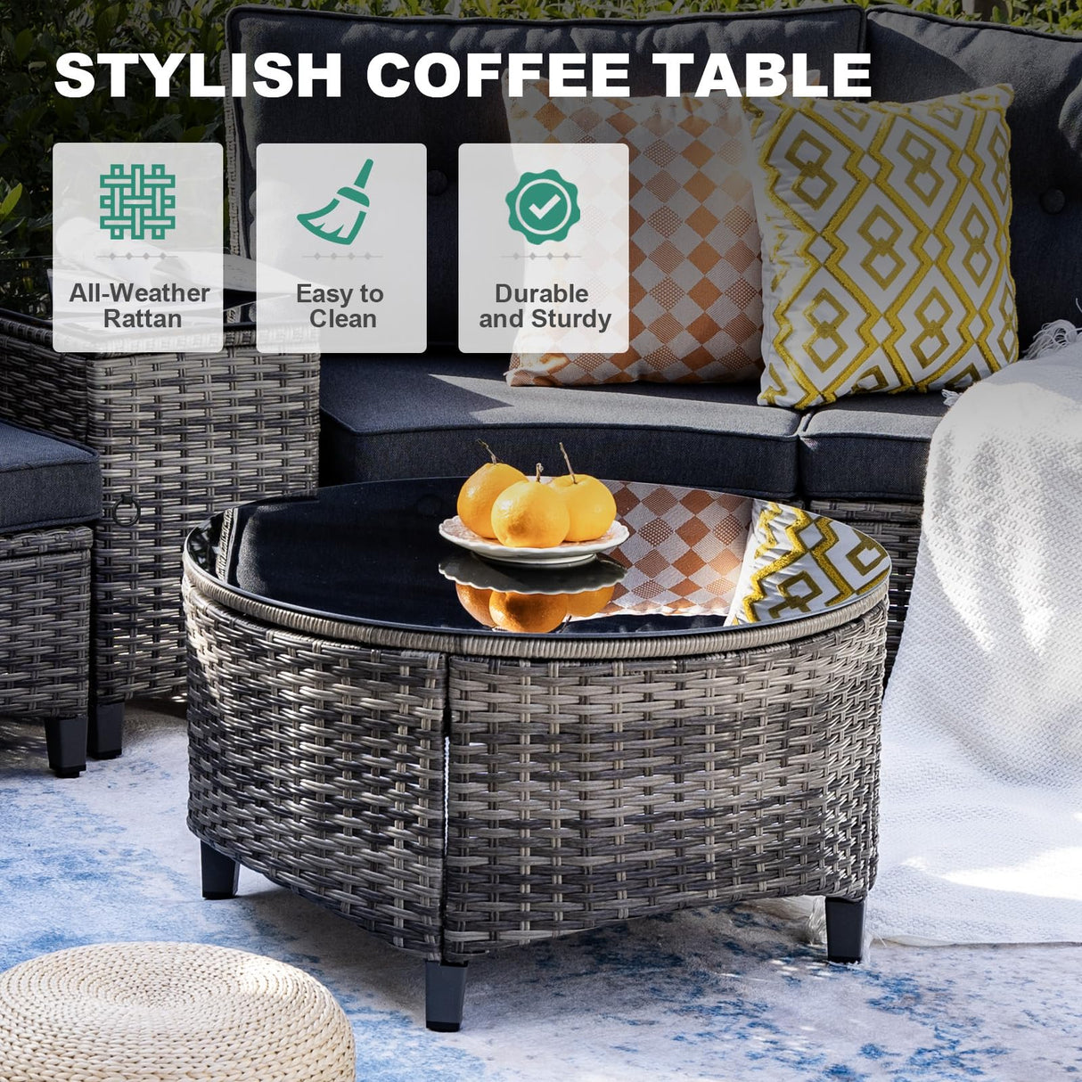 MEISSALIVVE 9-Piece Outdoor Patio Furniture Set, Half-Moon Curved Sectional Set with Wood Armrests, Patio Conversation Set, Tempered Glass Coffee & Side Tables (Grey) MEISSALIVVE