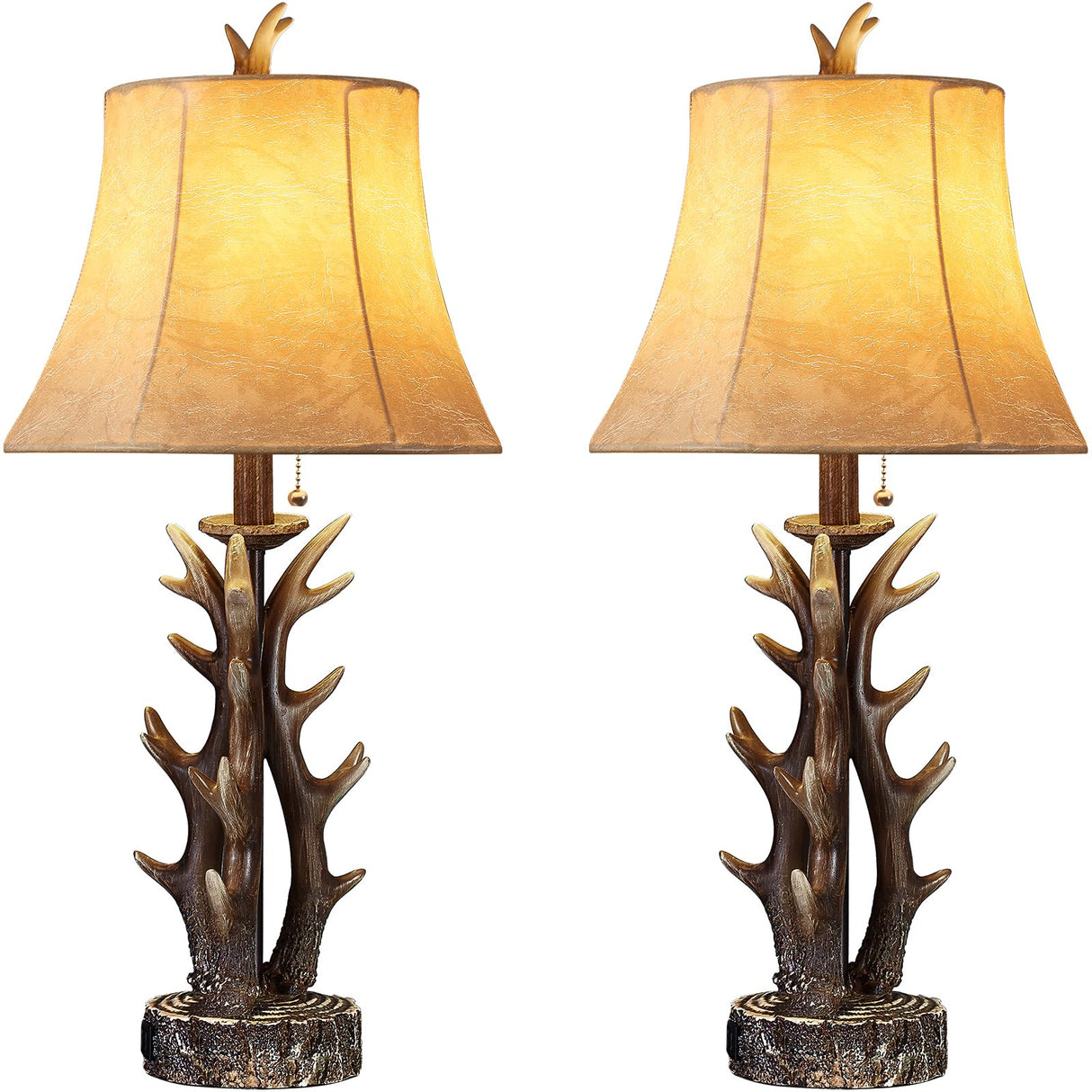 Antler Table Lamps Set of 2 with USB A+C Ports 28" Tall Rustic Farmhouse Deer Bedside Lamps with Faux Leather Bell Shade for Bedroom Living Room Office Decor Western Cabin End Table Lamp, Pull Chain BOOUCUU