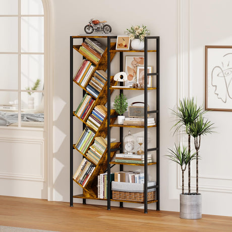 5-Tier Double Wide Bookshelf 67" , Industrial Tree BookShelves, Vintage Storage Rack with 14 Open Shelves, Large Bookcase, Wooden and Metal Bookshelves, Wide Display Rack for Home Office Decorative Cutogxon