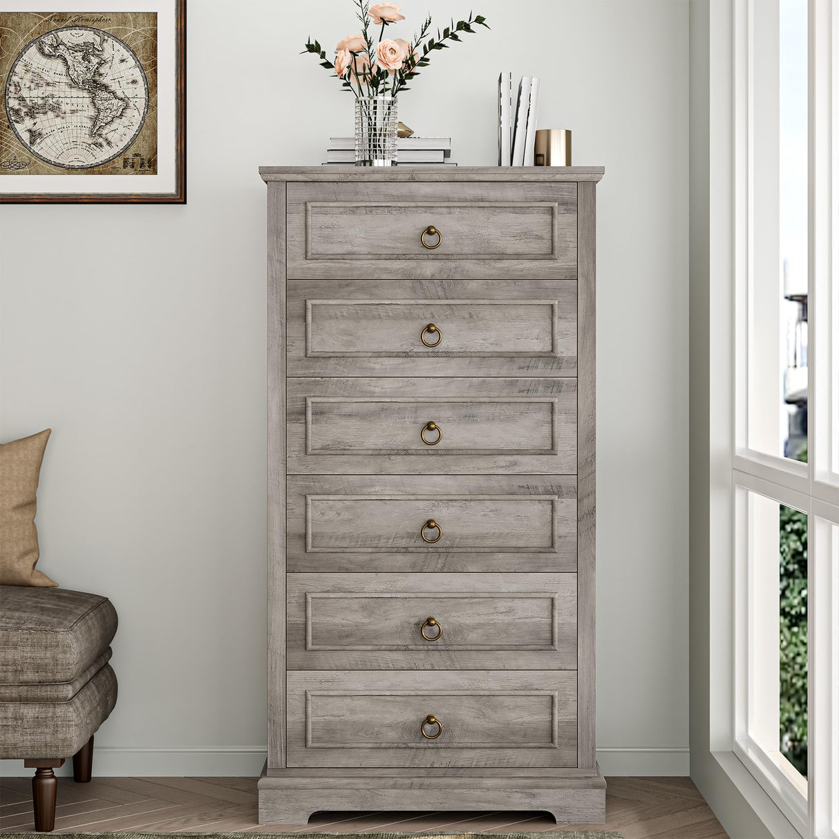HOSTACK 6 Drawers Dresser, 52" Tall Dresser, Vertical 6 Drawer Dresser, Modern Farmhouse Chest of Drawers, Wood Closet Dresser Storage Dresser Chest for Living Room, Hallway, Entryway, Ash Grey HOSTACK