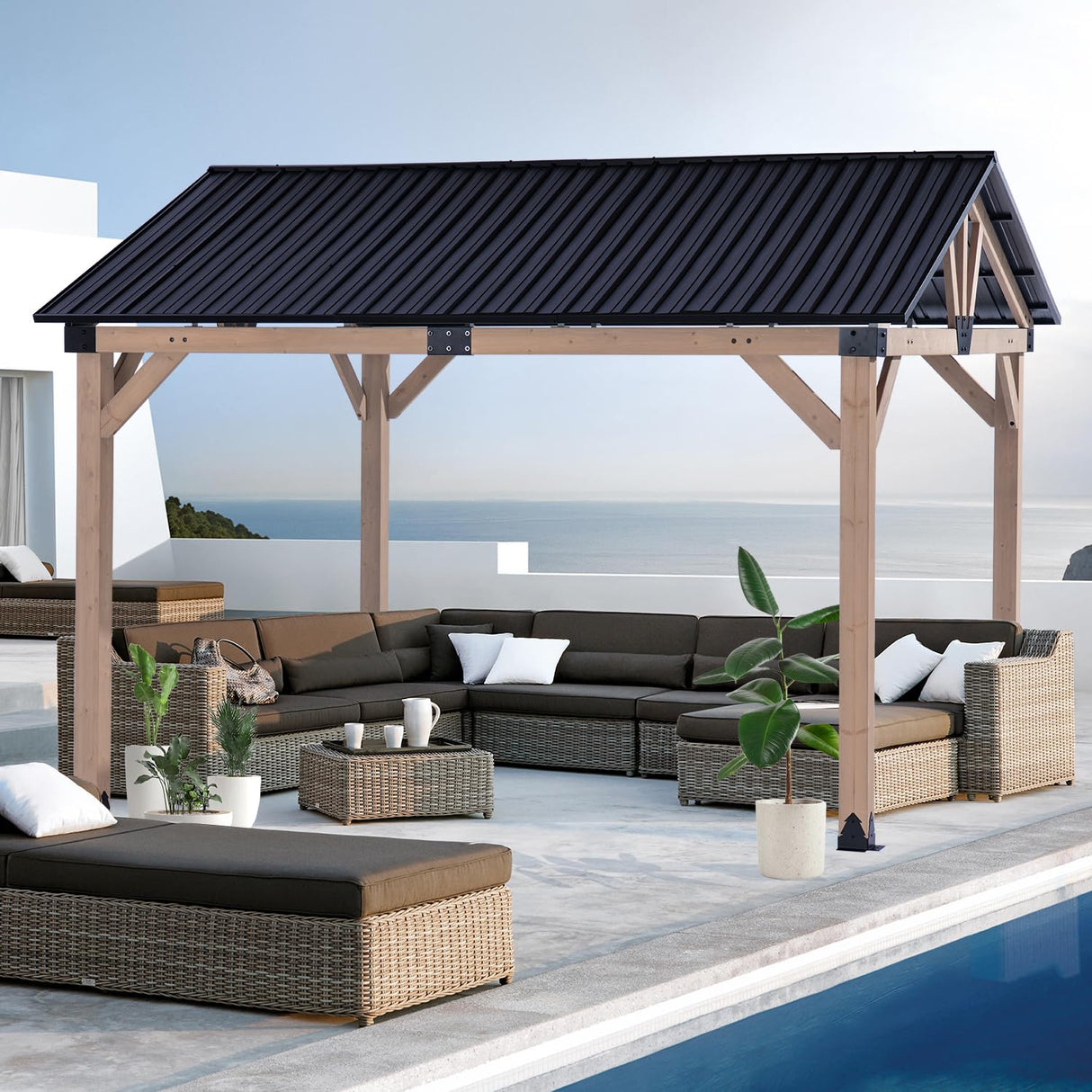 CHARMELEON 10x12 FT Wood Gazebo Outdoor – Hardtop Metal Roof Gazebo with Cedar Frame – Patio Gazebo for Wood Carport Use – Gable Roof Pavilion Gazebo para Patio, Backyard, Deck, Lawn and Garden HEAVDUTY