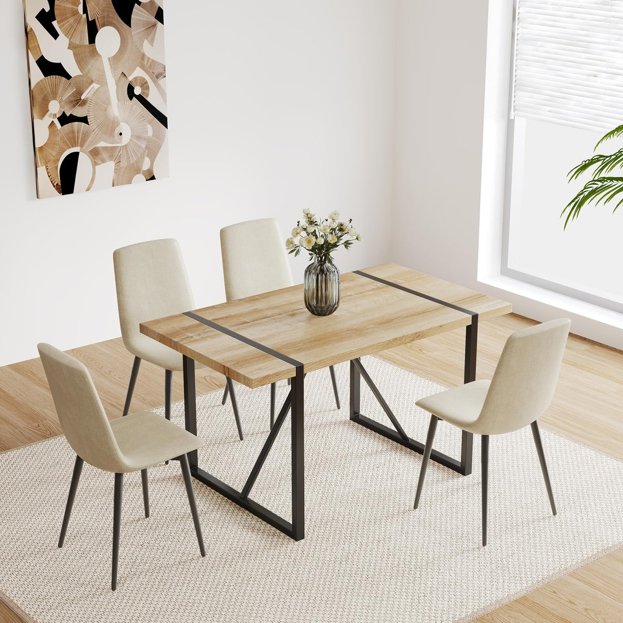 WIIS' IDEA Modern Dining Table Set for 4,Rectangular Solid Wood Dining Table for 4 People,Metal Base and Legs,Suitable for Living Room,Dining Room,Kitchen（55" Dining Table+4 Beige Dining Chairs） WIIS' IDEA