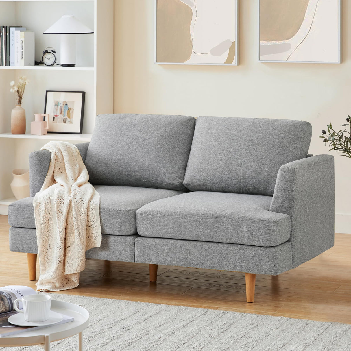 Busaurus Deep Seat Loveseat Sofa, 65" Mid Century Modern Couches for Living Room, Small Couches for Small Spaces Love Seat Sofa Couches with Wooden Legs, Bedroom Small Couch, Grey Busaurus