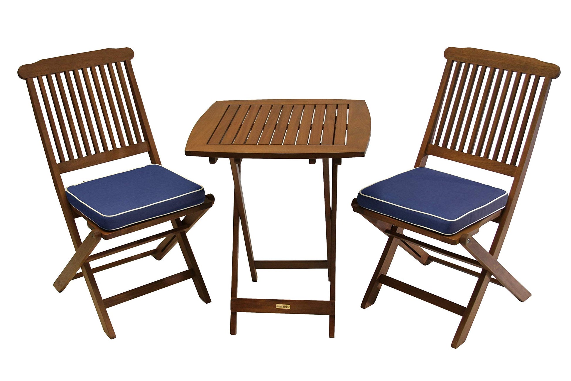 Outdoor Interiors Eucalyptus Wood 3-Piece Square Foldable Bistro Outdoor Furniture Patio Set, Table and 2 Chairs with Cushions, Blue - WoodArtSupply