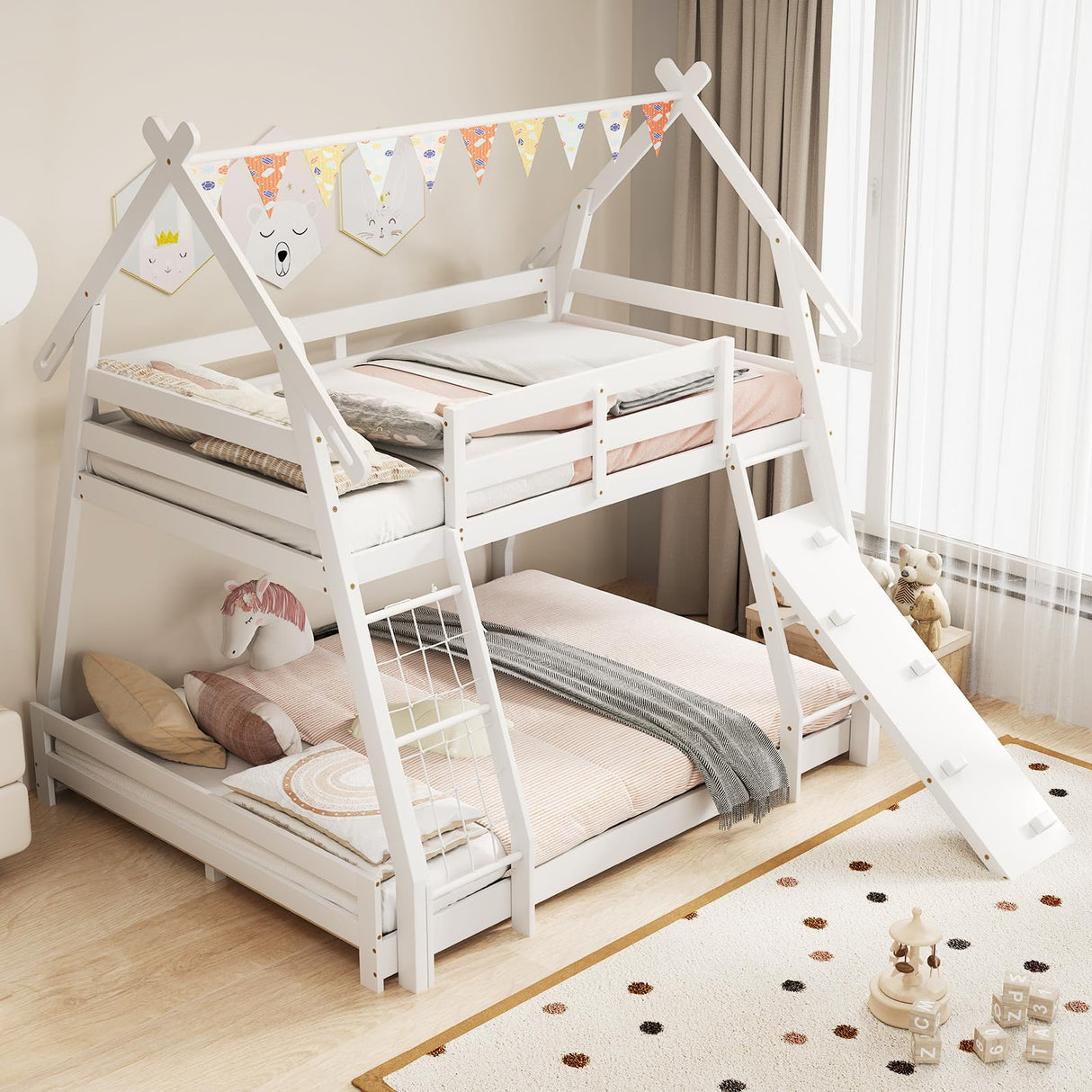 Costzon House-Shaped Twin Over Queen Bunk Bed with Climbing Nets and Ramp - White Wooden Kids Bed Costzon