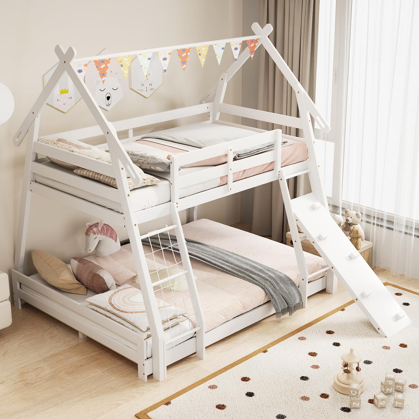 Costzon House-Shaped Twin Over Queen Bunk Bed with Climbing Nets and Ramp - White Wooden Kids Bed - WoodArtSupply