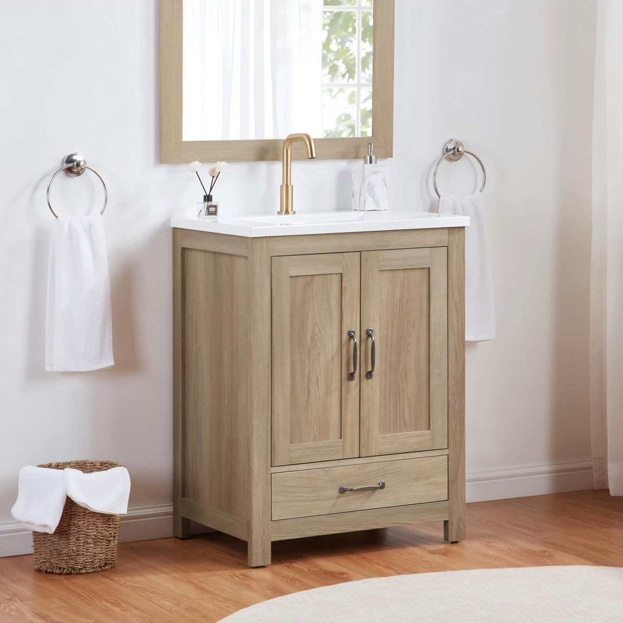 Small Bathroom Vanity with Sink, 25-inch Farmhouse Bathroom Vanity Storage Cabine with 2 Soft Closing Doors & Single Drawer, Freestanding, Natural Oak (25 inch（2 doors & 1 drawer), Light Oak) ZESTO PASSION FOR LIVE