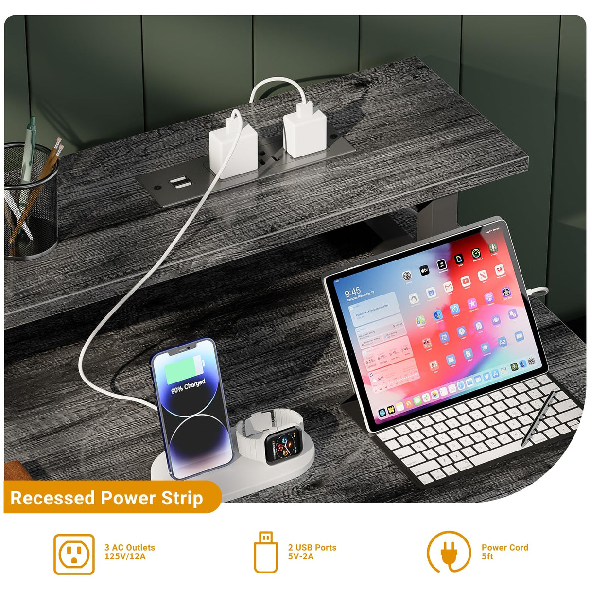 iSunirm 47 inch Computer Desk with Power Outlets, Gaming Desk with LED Lights, Home Office Work Desk with Monitor Shelf, Modern Office Desk Study Writing Table for Small Spaces, Black Oak iSunirm