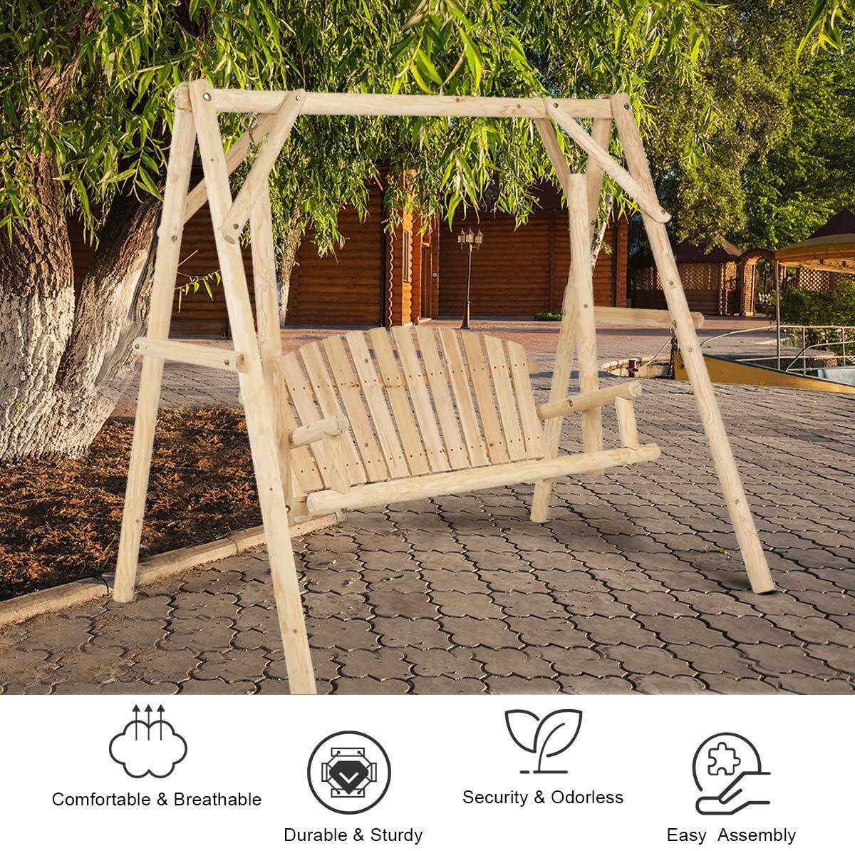 S AFSTAR Porch Swing, Outdoor Wooden Swing with A-Frame for 2 Person, Rustic Hardwood Swing Chair for Patio Garden Yard, 6.5' Wooden Swing Bench for Adult Senior Toddler, Natural S AFSTAR