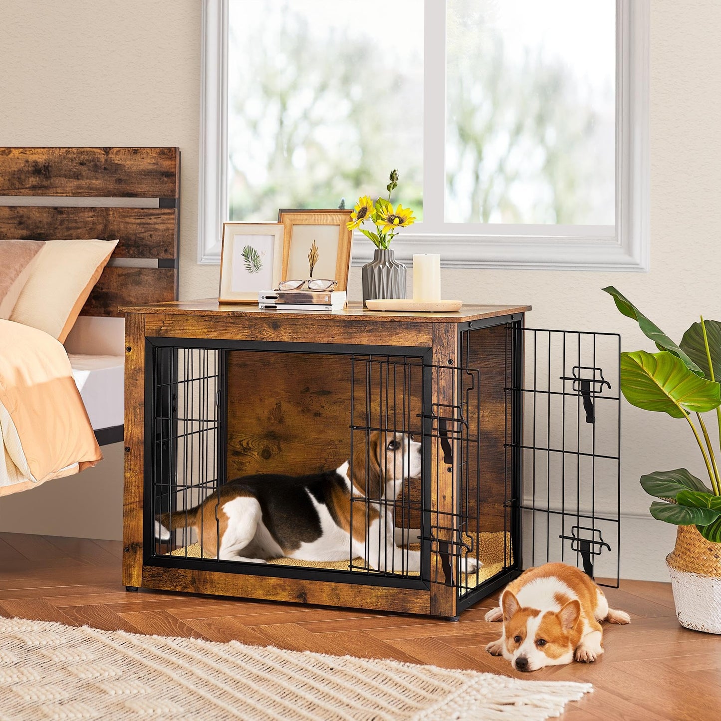 Yaheetech 32'' Dog Crate Furniture with Cushion Wooden Dog Crate with Double Doors/Adjustable Feet Side End Table for Small/Medium Dogs - WoodArtSupply