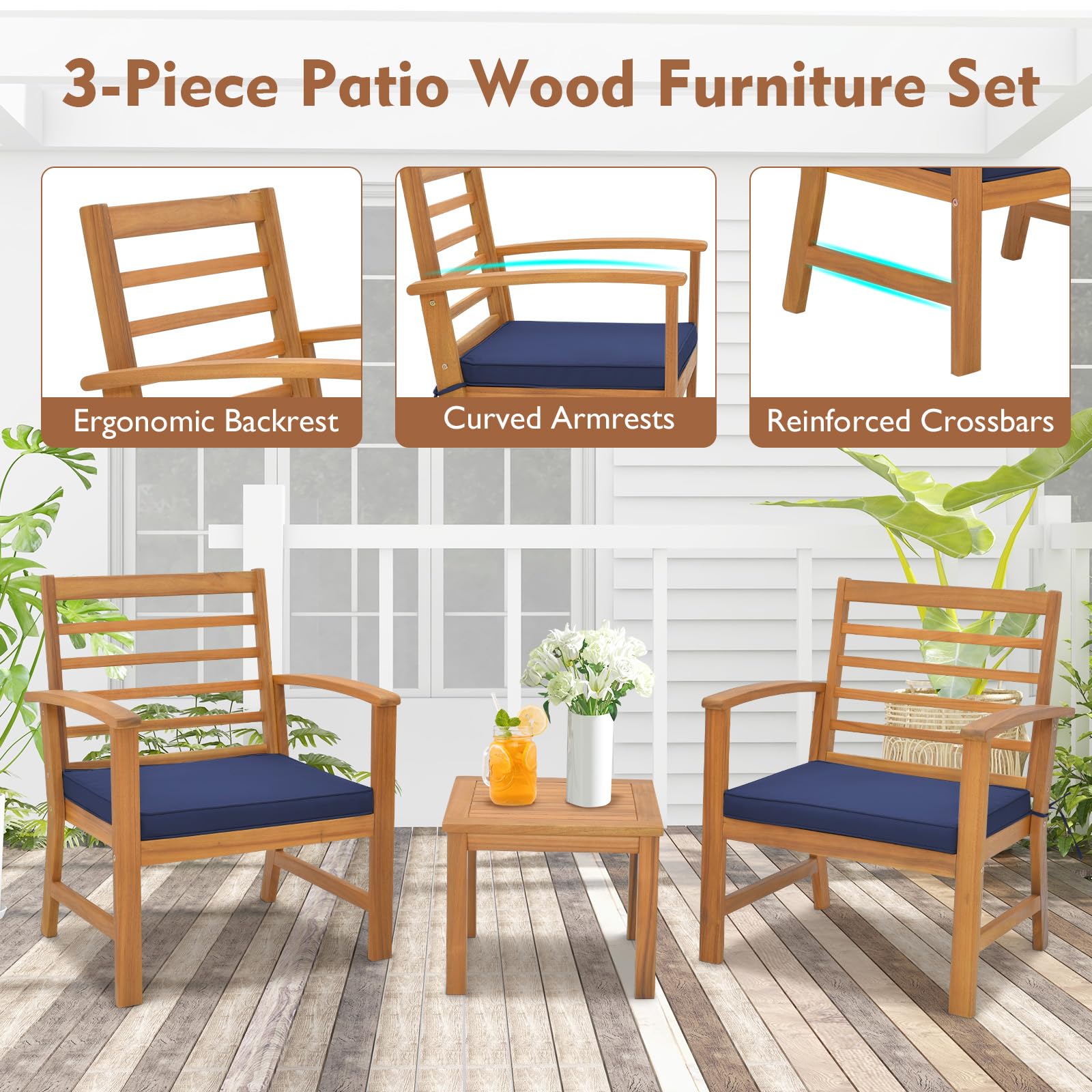 Tangkula 3 Pieces Outdoor Furniture Set, Acacia Wood Conversation Set with Soft Seat Cushions, Stable Acacia Wood Frame, Patio Sofa & Coffee Table Set for Backyard, Porch, Poolside (Navy) - WoodArtSupply