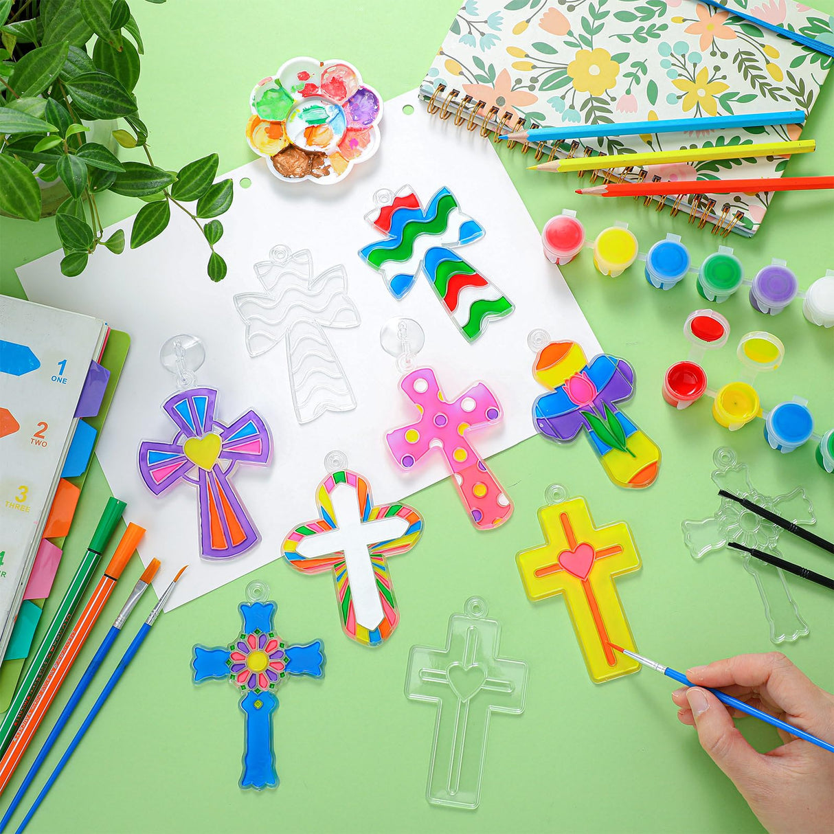 Poen 28 Sets Religious Cross Suncatchers Craft Kits for Kids DIY Christian Window Paint Art Kit Sunday School Sun Catcher Ornaments Decor for Kids Classroom Vbs Activities Party Favors Poen