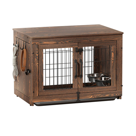 Piskyet Wooden Dog Crate Furniture with 360°Rotatable Removable Dog Bowls, Dog Crate End Table with Tray, Double Doors Dog Kennels for Dogs(M:31.8" L*22.1" W*24.1" H, Rustic Style) - WoodArtSupply