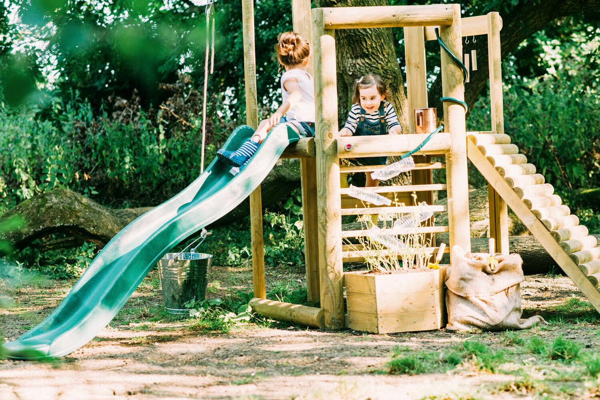 Plum Discovery Wooden Outdoor Playset, Toddler Slide, Playground Sets For Backyards, Kids Yard Play Equipment with Painting Easel, Bucket, Built-In Planter Box, Climbing Wall, Weatherproof, Age 3+ Yrs Plum