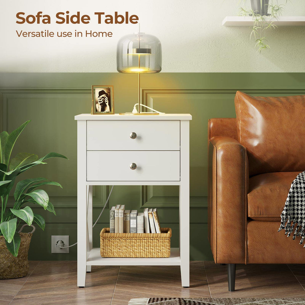 Rolanstar Nightstand with Charging Station, Night Stand with 2 Drawers, 2 AC and USB Power Outlets, Accent Bed Side Table with Storage Shelf for Bedroom, White Rolanstar