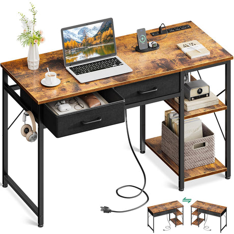 Coleshome Laptop Desk, 40 Inch Small Desk with Drawers & Power Outlet for Bedroom, Computer Desk Home Office Desk with Storage Shelves, Reversible Study Table for Small Spaces, Rustic Brown Coleshome