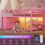 BTHFST Low Loft Bed Twin Size with 6 Storage Drawers, LED Lights, 2 Tier Storage Shelves, Kids Metal Loft Bed with 15" H Stairs & Safety Guardrail, Spave Saving, Pink BTHFST