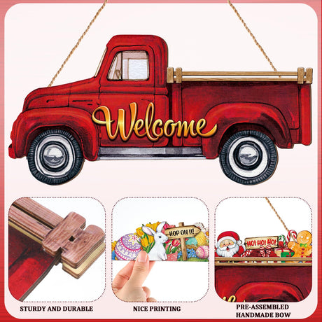 Ferraycle 13 Pcs Interchangeable Welcome Sign Red Truck Decor Welcome Sign Rustic Farmhouse Holiday Decor with 12 Holiday Signs for Fall Thanksgiving Christmas Ferraycle