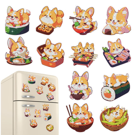 INCOK Corgi Refrigerator Diamond Art Magnets - 12 PCS Japanese Food Diamond Art Magnet Kit Cute Animal Gem Art Fridge Stickers Set Home Decor Birthday Festival Gift for Adults Beginners INCOK