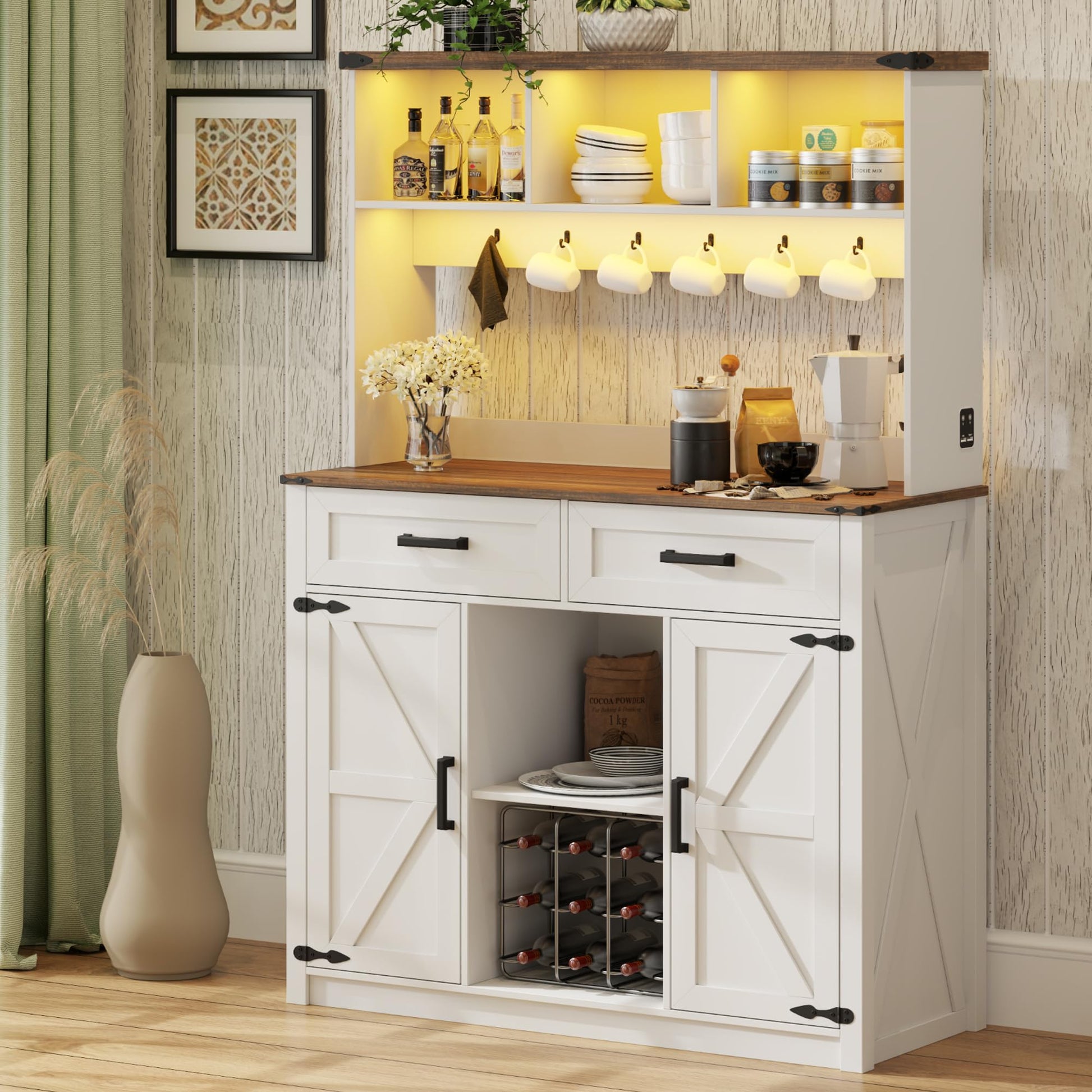 Farmhouse Coffee Bar Cabinet with Storage: Buffet Sideboard with 3 Color LED Lights & Charging Station, Barn Door Credenza with Drawers/Hutch/6 Hooks for Kitchen/Dining Room/Living Room/Offic - WoodArtSupply