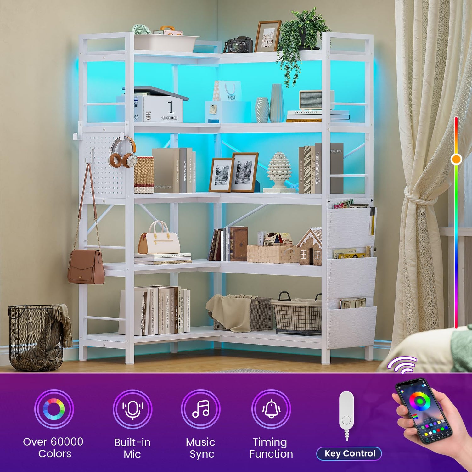 SEDETA 5 Tier Corner Bookshelf, Modern Corner Bookcase, Convertible Bookshelf with Storage Bag, Pegboard & LED Light, Tall Bookshelves for Bedroom, Living Room and Home Office, White SEDETA