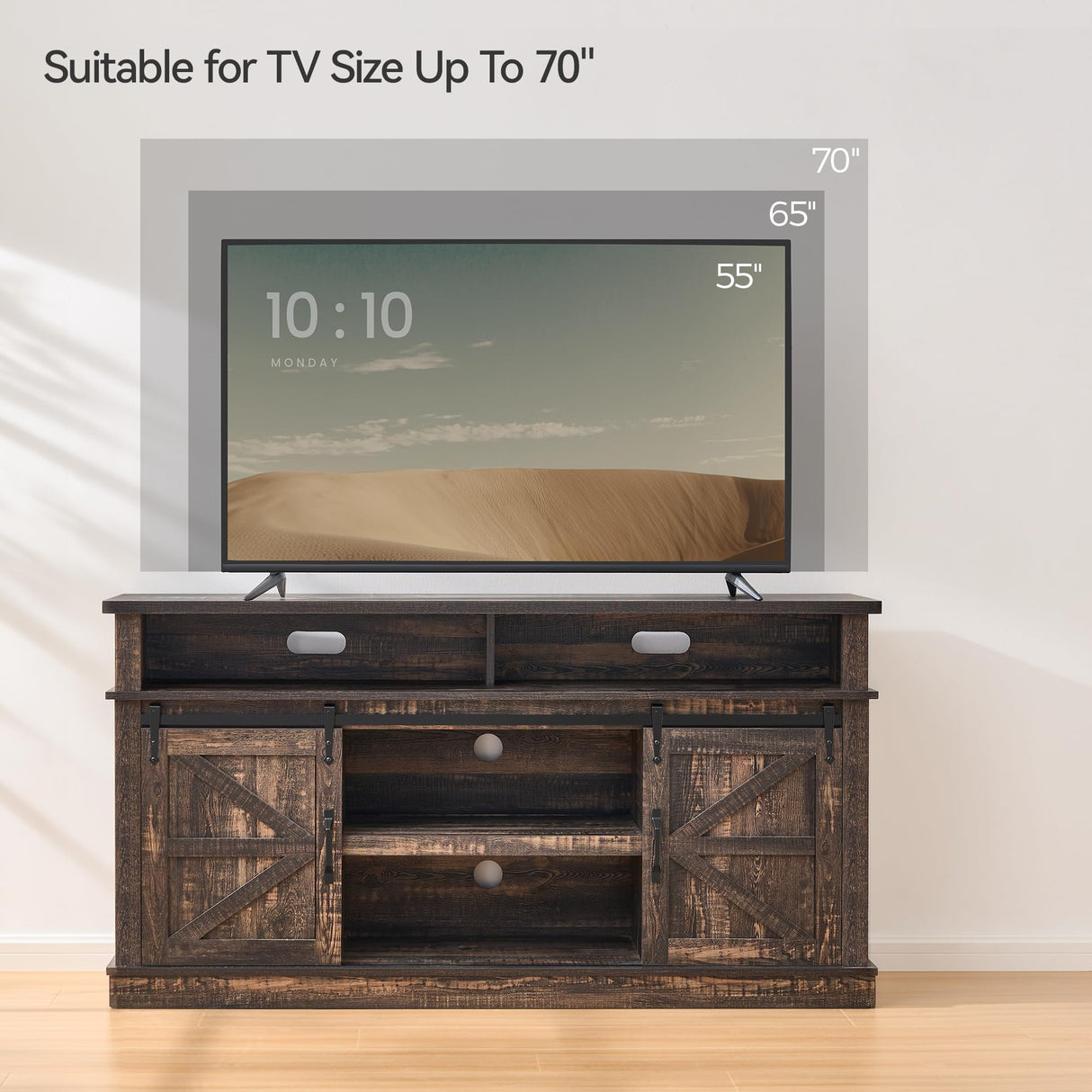 KBCLN Rustic Brown TV Stand for 65 Inch TVs, Sliding Barn Door Farmhouse Entertainment Center, Adjustable Shelves Media Console Table for Living Room KBCLN