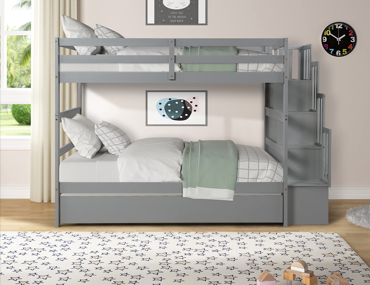 Harper & Bright Designs Twin Over Twin Bunk Bed with Trundle and Storage Shelf, Solid Wood Bunk Bed with Staircase for Kids,Toddler,Teens,Adults No Box Spring Needed (Grey, Twin/Twin)