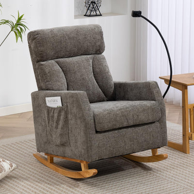 UVV Rocking Chair with Retractable Phone Holder - Modern Glider Recliner Armchair, Wood Legs & Side Pocket, High Back Nursery Accent Chair for Living Room, Bedroom, Gray