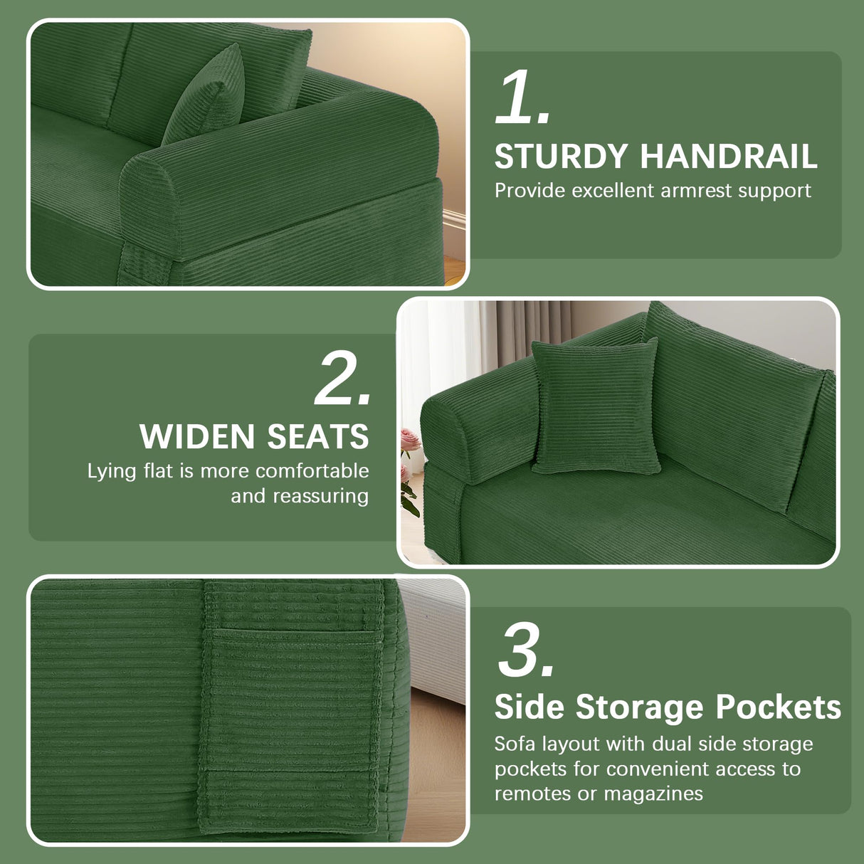 83" Modern Sofa in a Box, No Assembly Oversized 3 Seater 28" Deep Seat Cloud Sofa Bed Couch with 4 Furry Pillows & Corduroy Fabric, Boneless Couch with Side Storage Pockets for Living Room, Green Zyerch