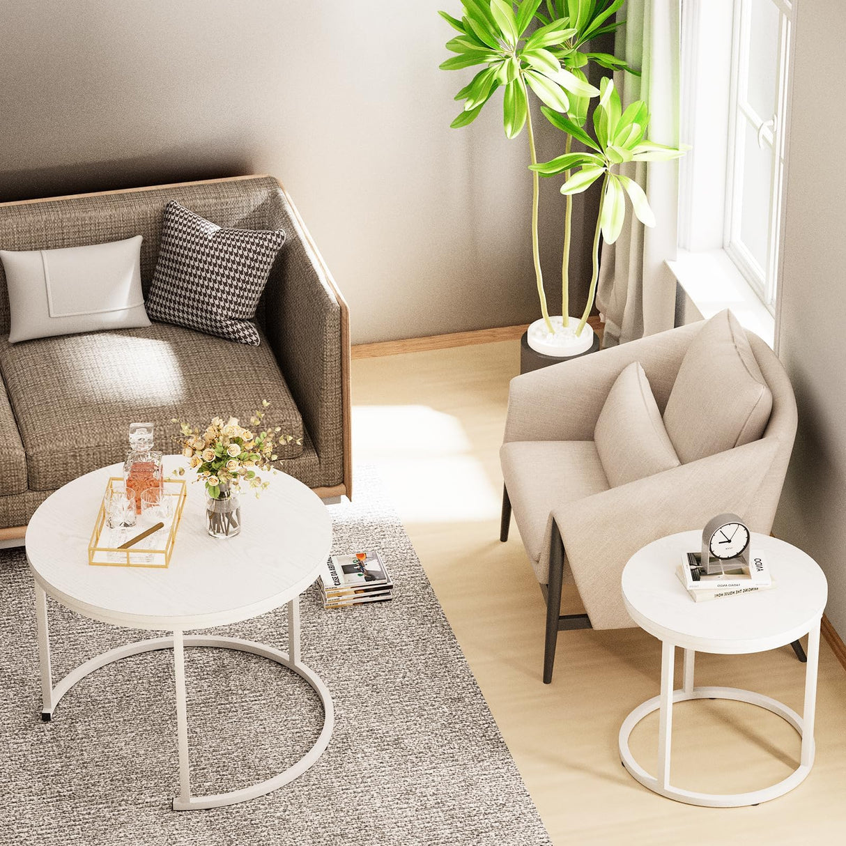 Garden 4 you Nesting Coffee Table, 23.6" Round Coffee Table Set of 2, Wooden Nesting Table Set with Metal Frame, Side Tables for Living Room Bedroom Balcony, White Garden 4 you