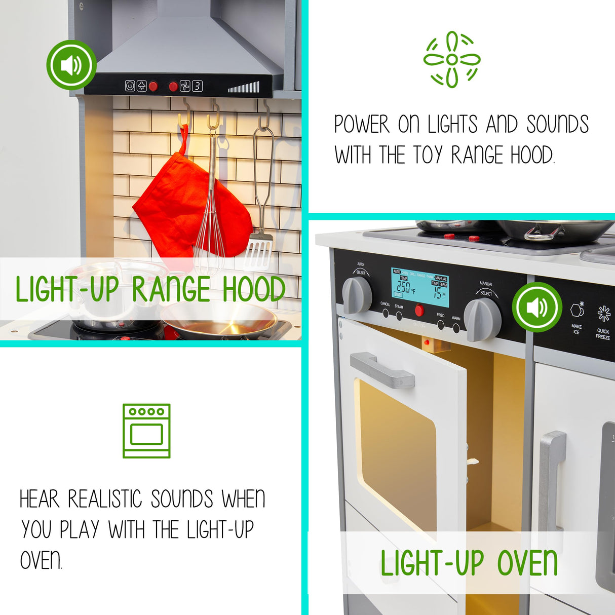 Lil' Jumbl Jumbl Kids Kitchen Set, Pretend Wooden Play Kitchen, Includes Range Hood, Microwave, Stove Top, Oven That Make Realistic Sound & Light, Pots, Pan, Cutting Board & Utensils Included, Lil' Jumbl