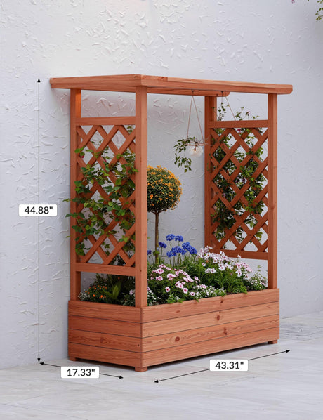 GarveeLife Raised Garden Bed with Trellis, 45 Inch Wood Planter Box with Side Trellis, Hanging Roof, and 4 Drainage Holes, Freestanding Elevated Garden Bed for Climbing Plants, Vines, Flowers GarveeLife