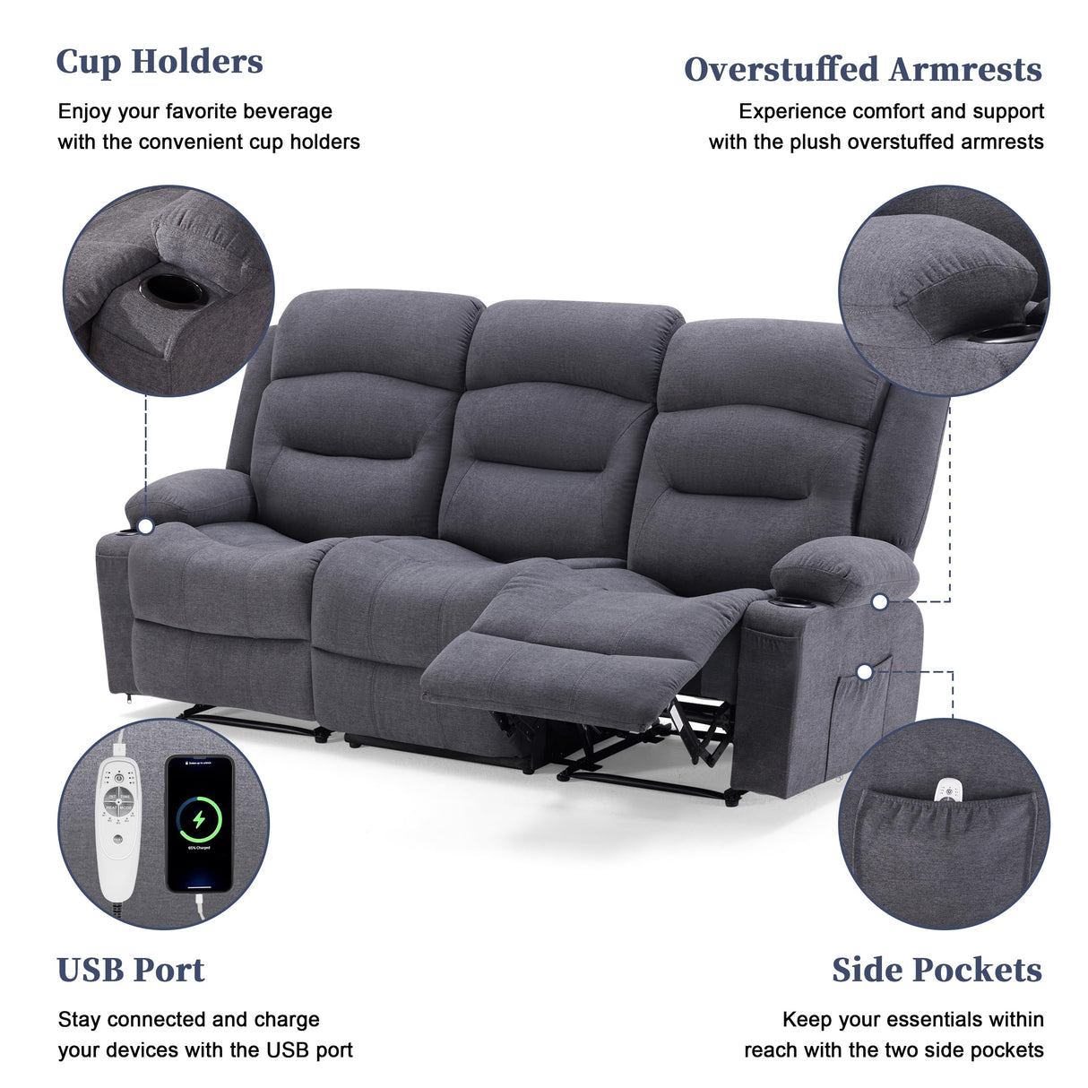 Weture Oversized Recliner Sofa with Heat and Massage, Wall-Hugger Reclining Sofa with Cup Holders and USB Port, Big Large 3-Seater RV Recliner Couch Sofa for Living Room (Fabric, Grey) Weture