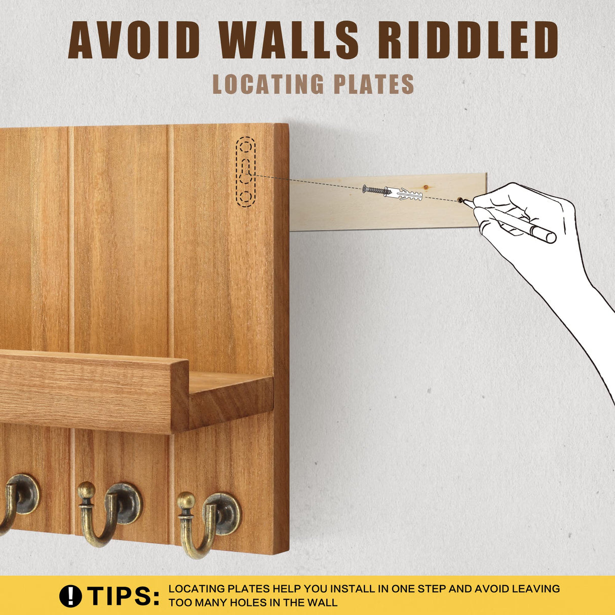 Rebee Vision Farmhouse Key Holder for Wall - Decorative Farmhouse Wall Shelf with Key Hooks and Mail Organizer Wall Mount for Apartment Essentials - Rustic Living Room Decor (Light Brown) Rebee Vision