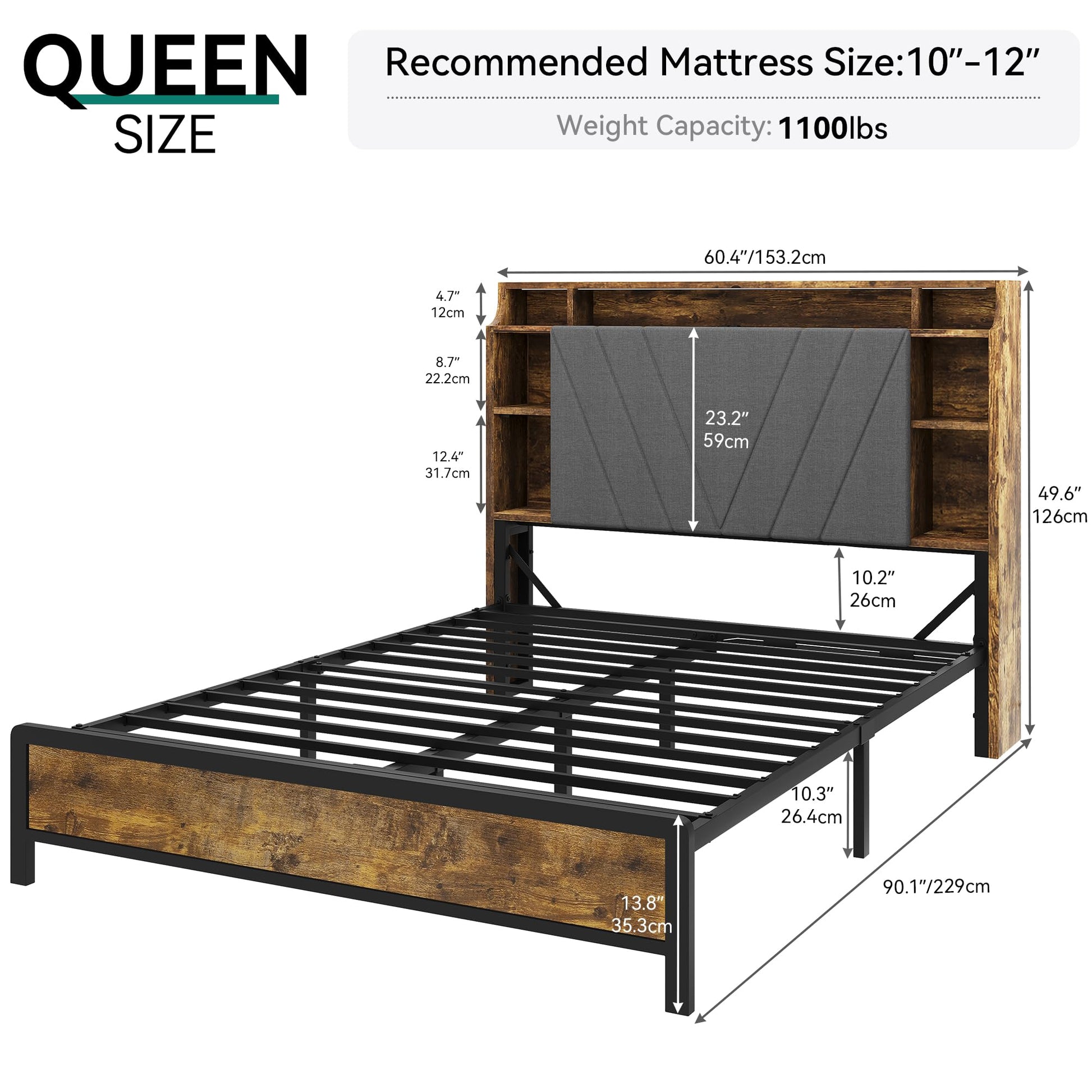 YITAHOME Upholstered Queen Bed Frame with Storage Headboard, LED Lights & Charging Station - Brown - WoodArtSupply