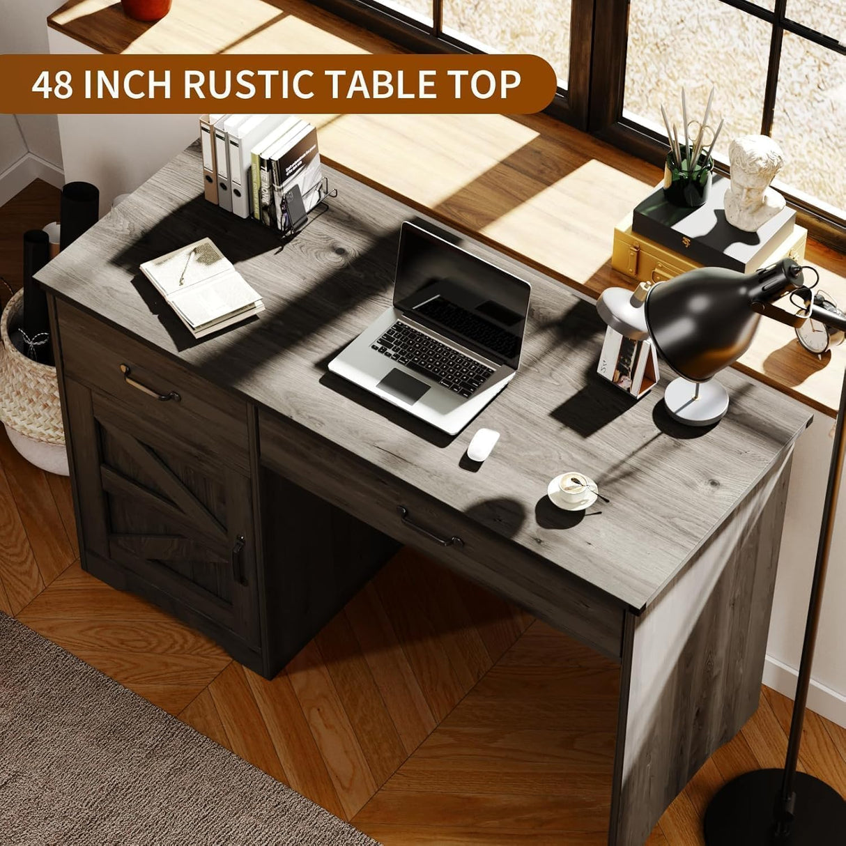 MaverickFurni Farmhouse Computer Desk with 2 Drawers & Storage Cabinet, Compact Home Office Desk for Small Spaces, Wooden Executive Desk for Study, Bedroom, Brown MaverickFurni