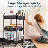 YASONIC 3 Tier Rolling Cart – Metal Utility Storage Cart with Wheels, Craft Cart Organizer with Hanging Cups, Hooks, Mesh Basket for Bedside Kitchen Office Art, Black YASONIC