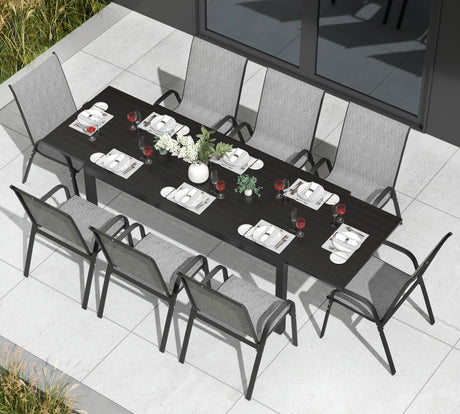 PIZZELLO 9 Pieces Outdoor Dining Set, 106" Aluminum Extendable Patio Dining Table w/ 8Pcs Stackable Textilene Chairs, All Weather Outdoor Table and Chairs Sets for Backyard, Garden, Deck and Poolside PIZZELLO