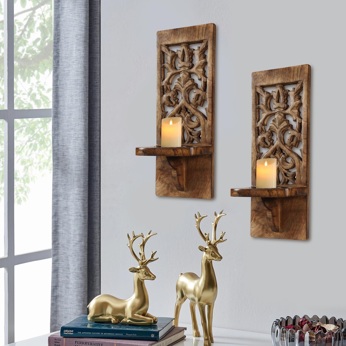 Wall Mount Rustic Candle Scones Set of 2, Wooden Candle Holders, Floating Shelves Pillar Candle Sconce, Hanging Shelf Farmhouse Wall Décor for Living Room Bedroom Bedroom - 16 Inch - Antique  - WoodArtSupply