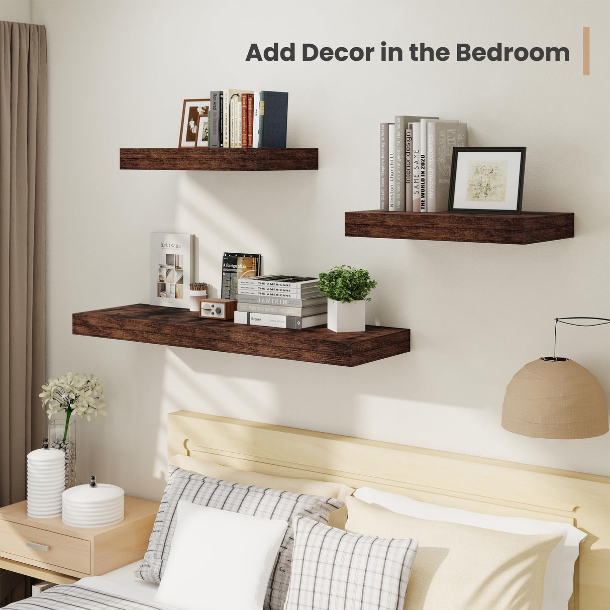 Heimlove 12" Deep Floating Shelves, 36 x 12 Inch Wall Mounted Long Floating Shelf with Invisible Brackets, for Home Decor, Bedroom, Kitchen, Living Room, Bathroom - 2 Pack, Rustic Brown Heimlove