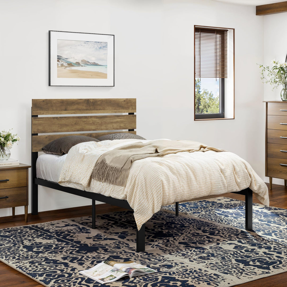 SHA CERLIN Twin Size Bed Frame with Rustic Wooden Headboard,3 Boards Design, Heavy Duty Metal Slats Support Platform, No Box Spring Needed, Light Brown SHA CERLIN