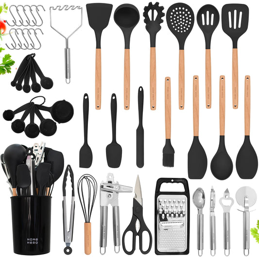 Home Hero 44 Pcs Silicone Kitchen Utensils Set, Non-Stick Silicone Cooking Utensils Set with Spatula, Wooden Handle Spatula, Silicone Kitchen Gadgets Utensil Set (44 Pcs - Black)