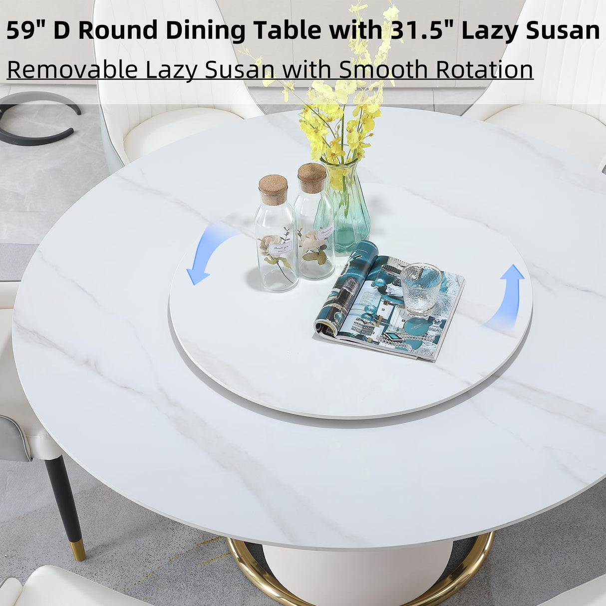 Montary 9 Piece Dining Table Set, Modern Dining Table Set of 8, White 59" D Sintered Stone Round Table, Faux Marble Dining Room Table with 8 Gray Dining Chairs Montary