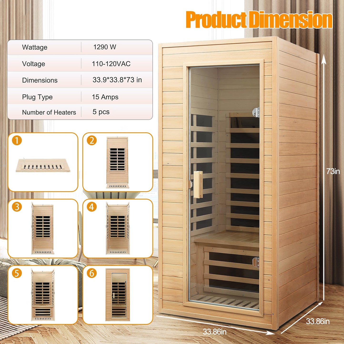 SALUSHEAT Far Infrared Sauna, 1 Person Infrared Sauna, Canadian Hemlock Wood 1290W Low-EMF Infrared Saunas for Home with Control Panel, Bluetooth Speakers, Reading Lamp