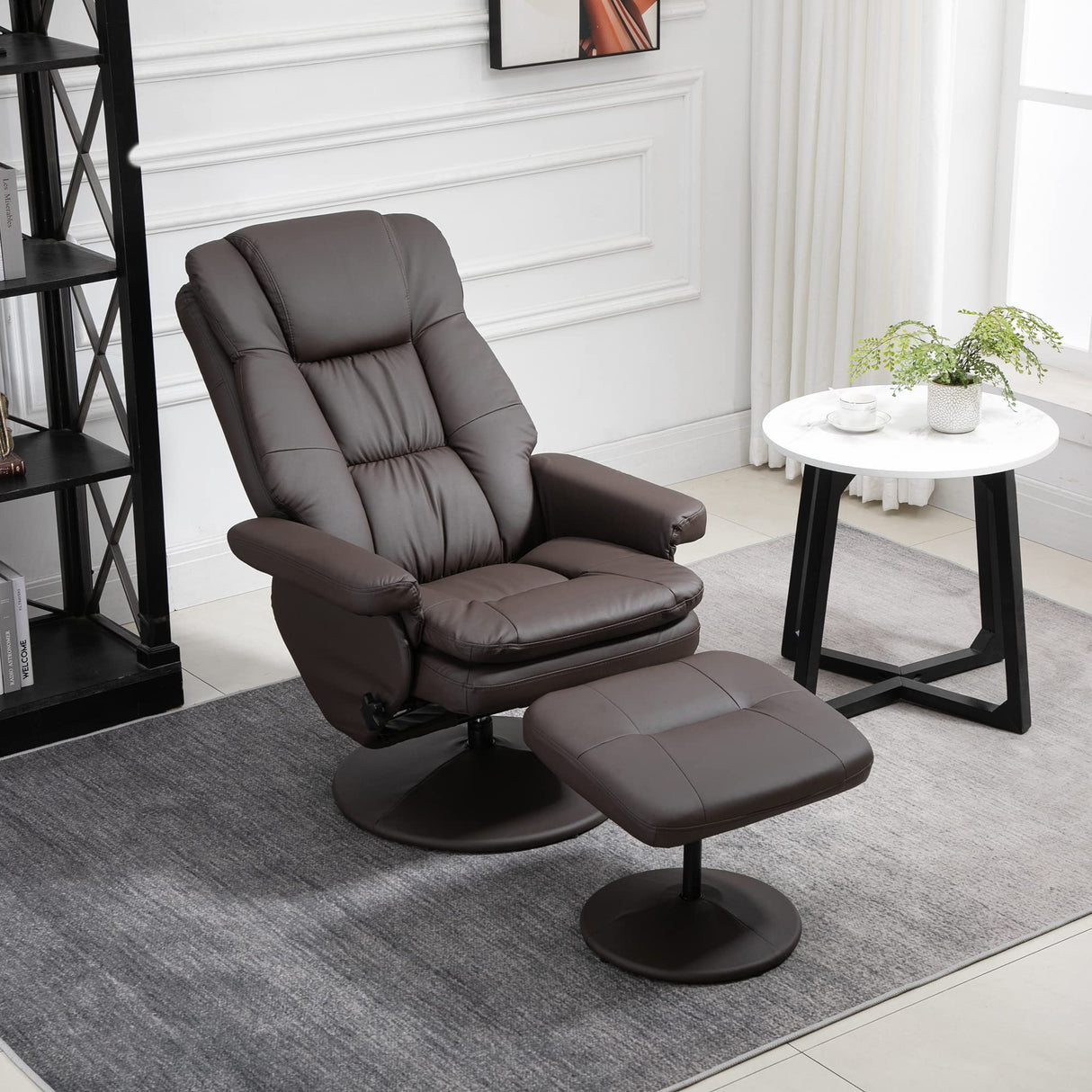 HOMCOM Swivel Recliner with Ottoman, PU Leather Reclining Chair with Ottoman, Upholstered Recliner and Footrest with Wrapped Base for Living Room, Bedroom and Home Office, Brown HOMCOM