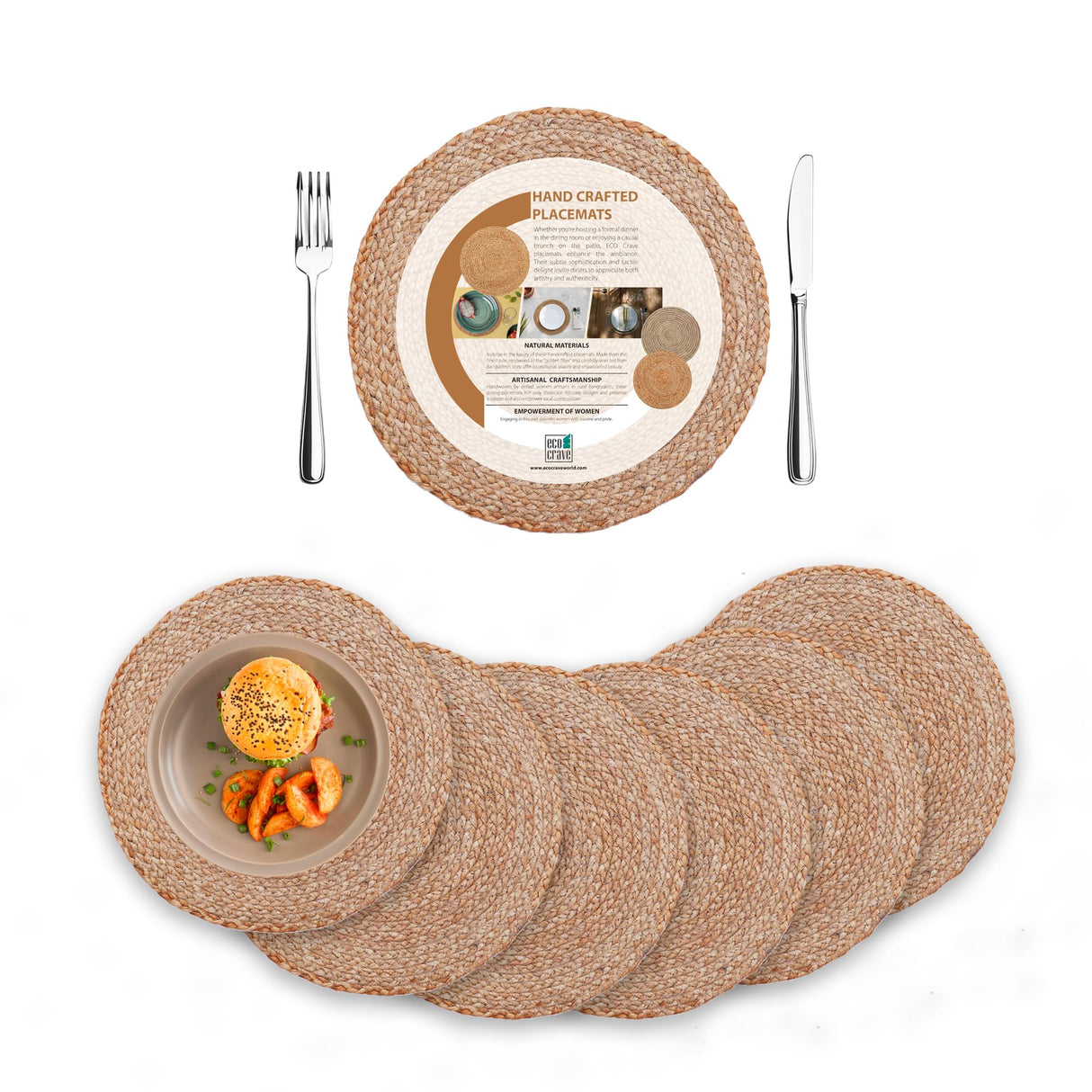Eco Crave Jute Round Woven Placemats Set of 6, Natural 13 Inch Boho Farmhouse Rustic Hand Woven Place mat for Dining Table Decor, Wicker Chargers Heat Resistant Easy to Clean and Non-Slip Placemat Eco Crave