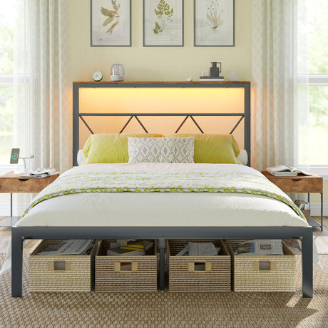 AMERLIFE Queen Size Metal Bed Frame with Headboard Shelf, Platform Bed Frame with LED Strip Light, 11" Underbed Height for Storage, Noise Free, No Box Spring Needed, Black AMERLIFE