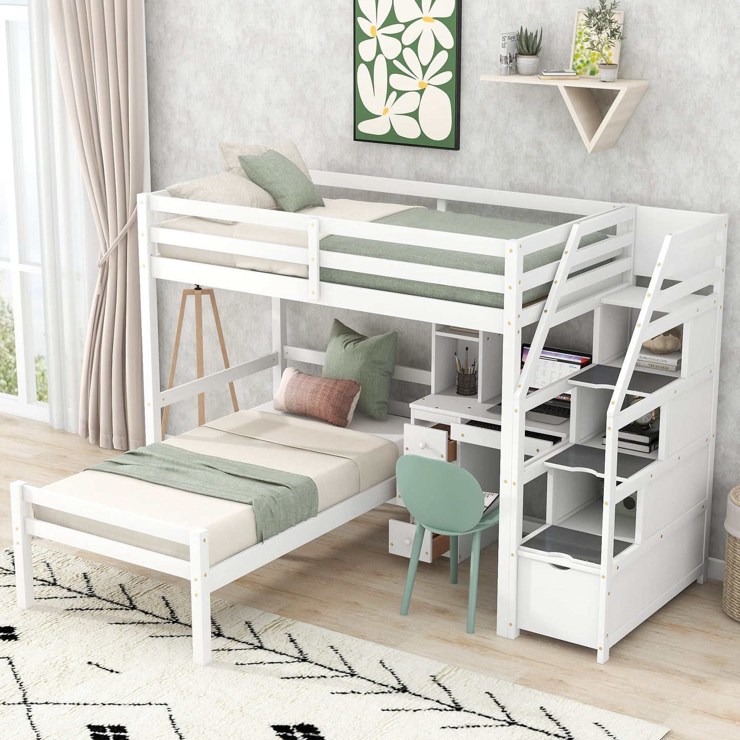 Harper & Bright Designs White Twin over Twin Bunk Bed with Stairs, Desk, and Storage for Kids and Teens