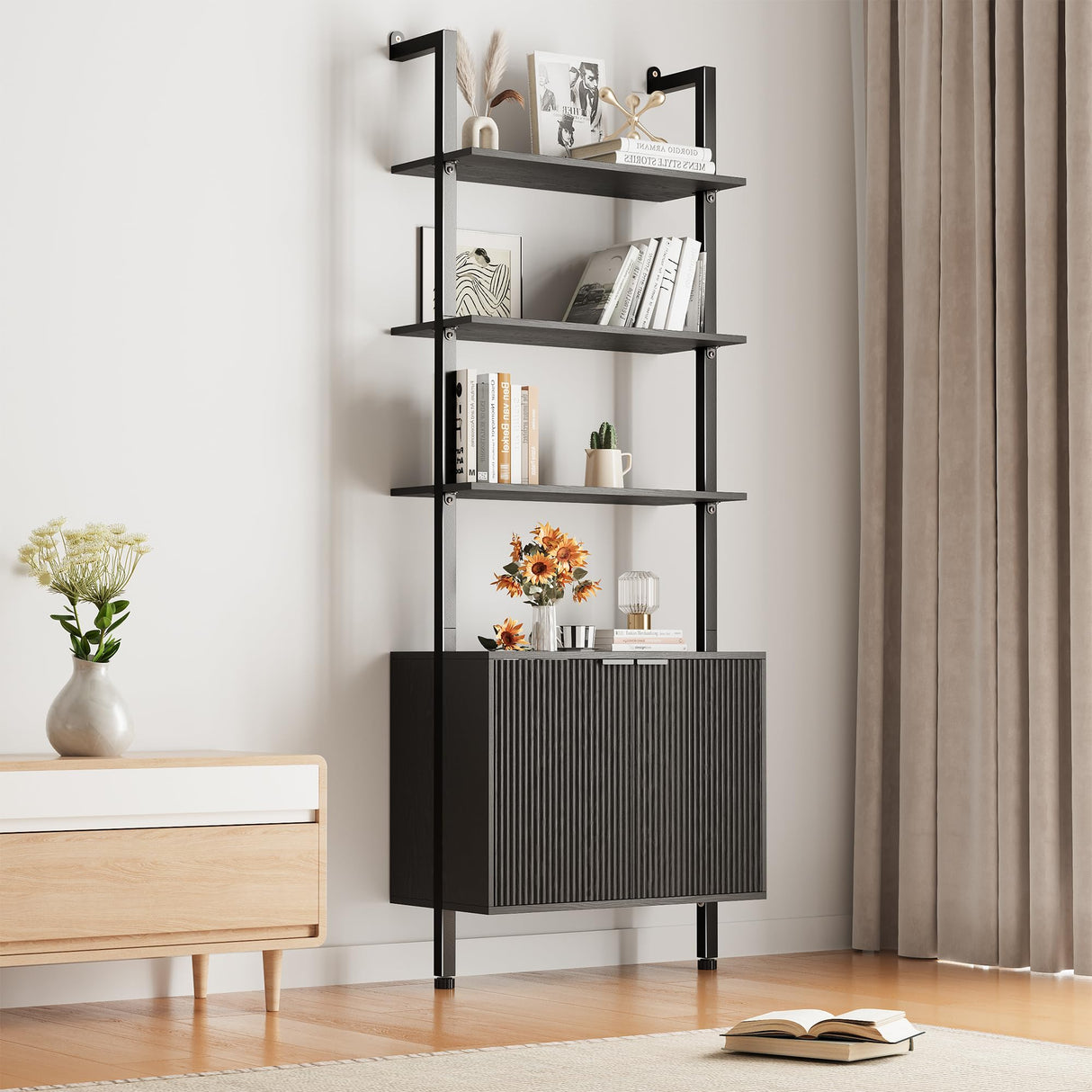 INNOD 74" Tall Bookshelf with Storage Cabinet, Modern Ladder Shelf with Wood and Metal Frame, Wall Mount Bookcase Open Display Shelf Furniture for Living Room, Bedroom, Home Office，Black INNOD