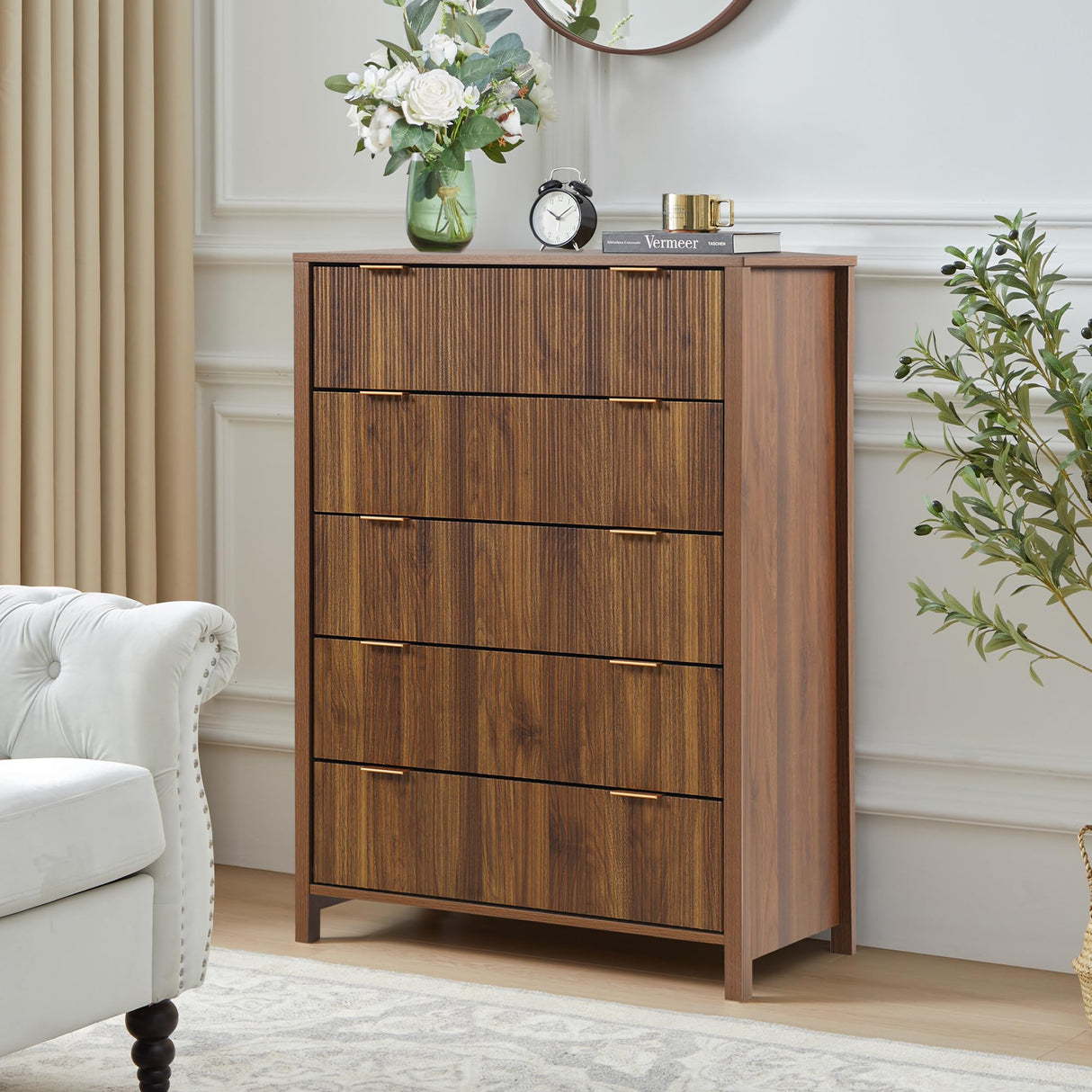 XUZENEST 5 Drawer Dressers for Bedroom, Modern Closet Chest of Drawers with Waveform Fluted Panel, Large Wood Storage Dresser Organizer for Nursery Bedroom Living Room Hallway Closet, Walnut XUZENEST